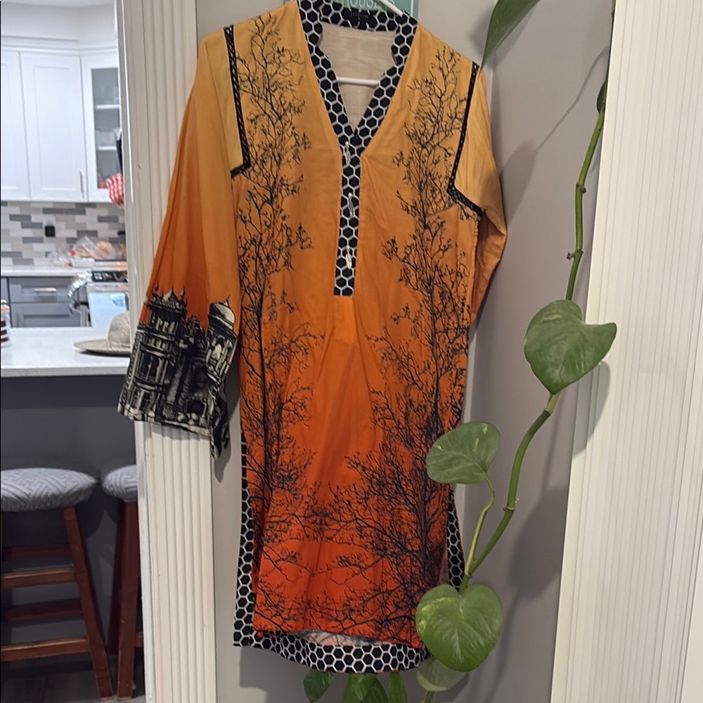 Orange Long Sleeve Dress with Black Tree Print